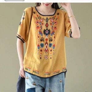 E Retro embroidered top, size L Yellow with colorful boho details high low. VGUC